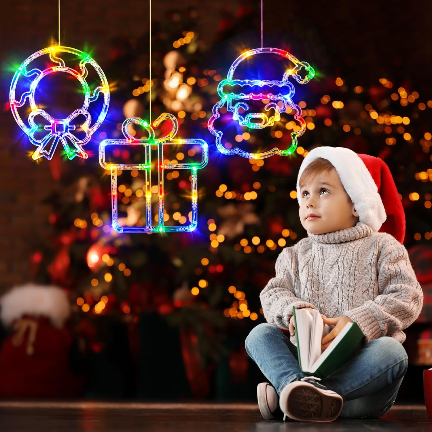 LOL 3 Pack Christmas Window Lights - Wreath, Gift Box & Santa - Battery Operated