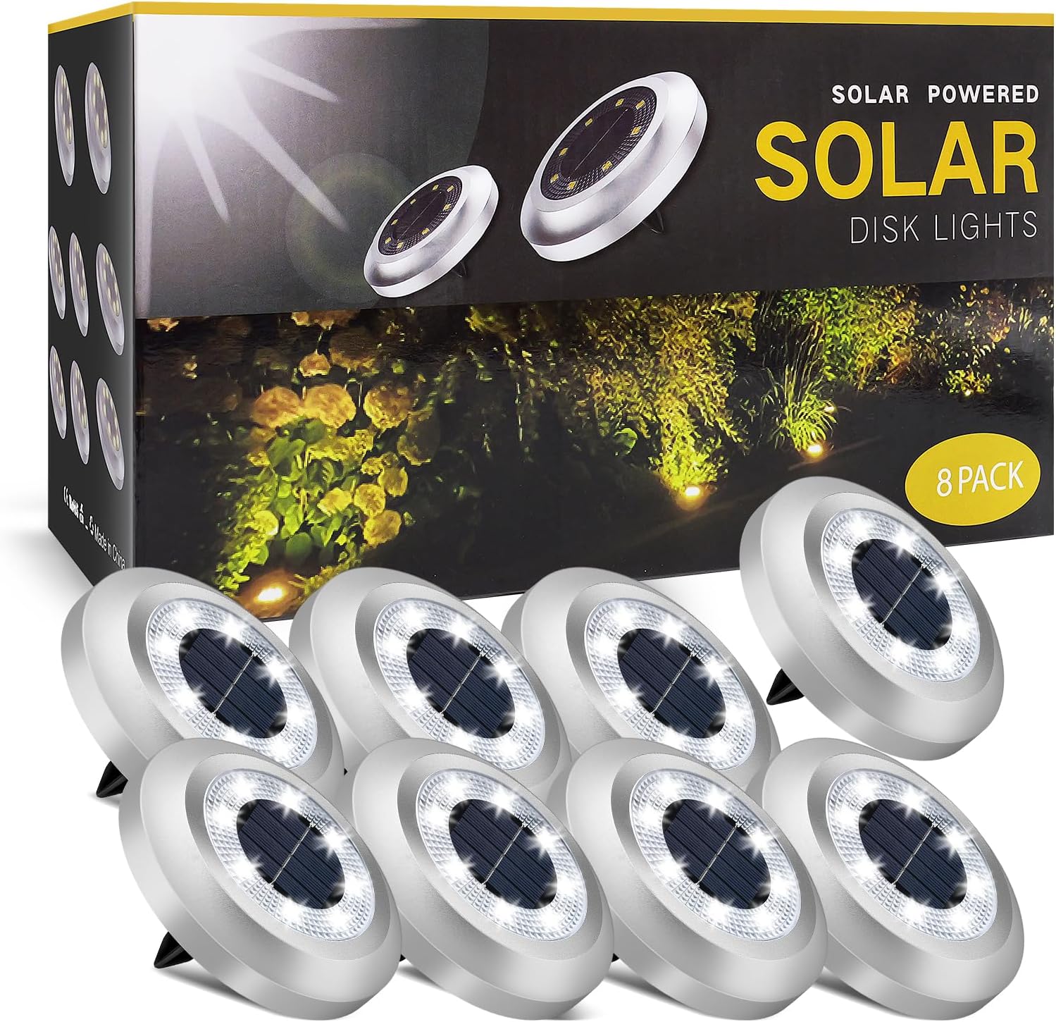 ZFITEI Solar Deck Lights – 8 LED Solar-Powered Ground Lights for Landscaping, Walkways, Lawns, and Outdoor Decor