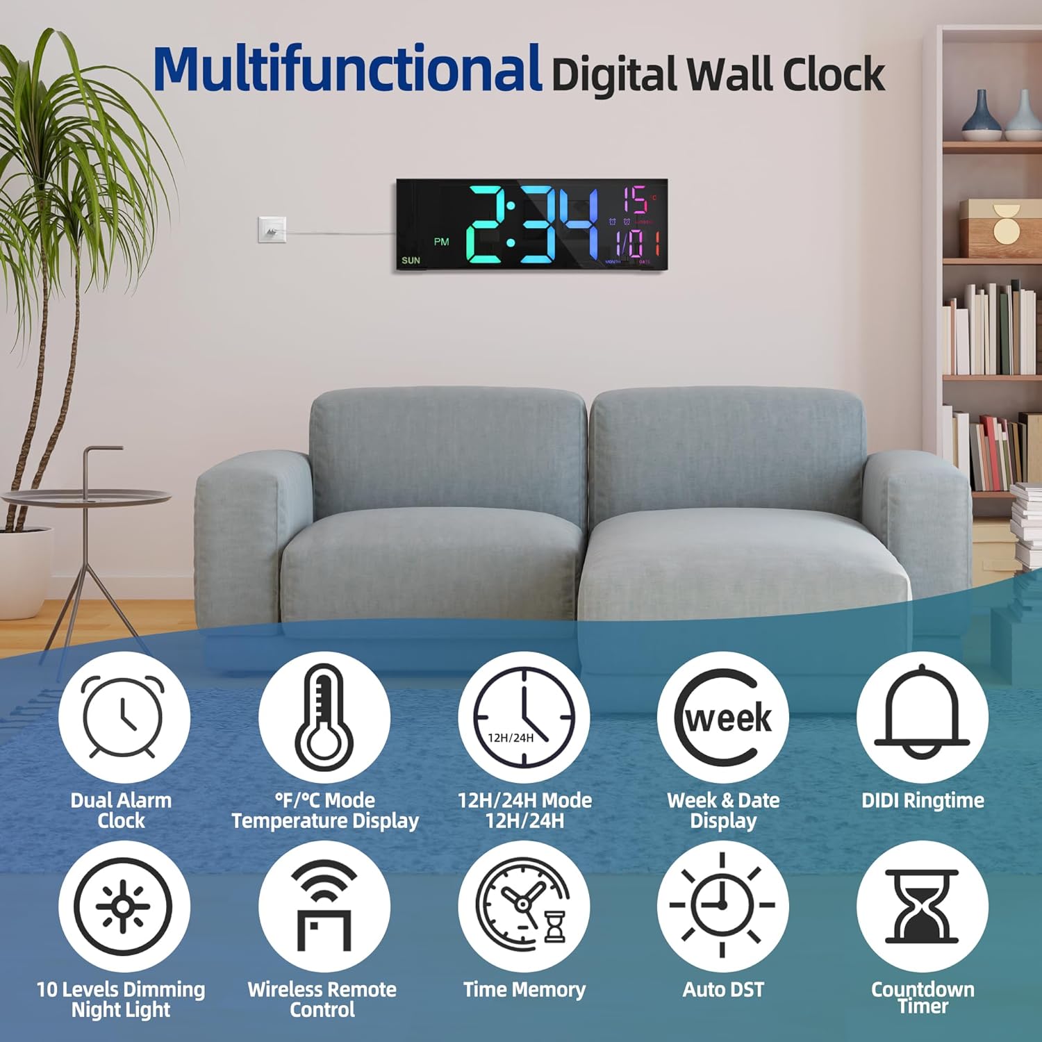 16.5" Large LED Digital Wall Clock with Remote, Dual Alarm, RGB Colors, Date & Temperature Display