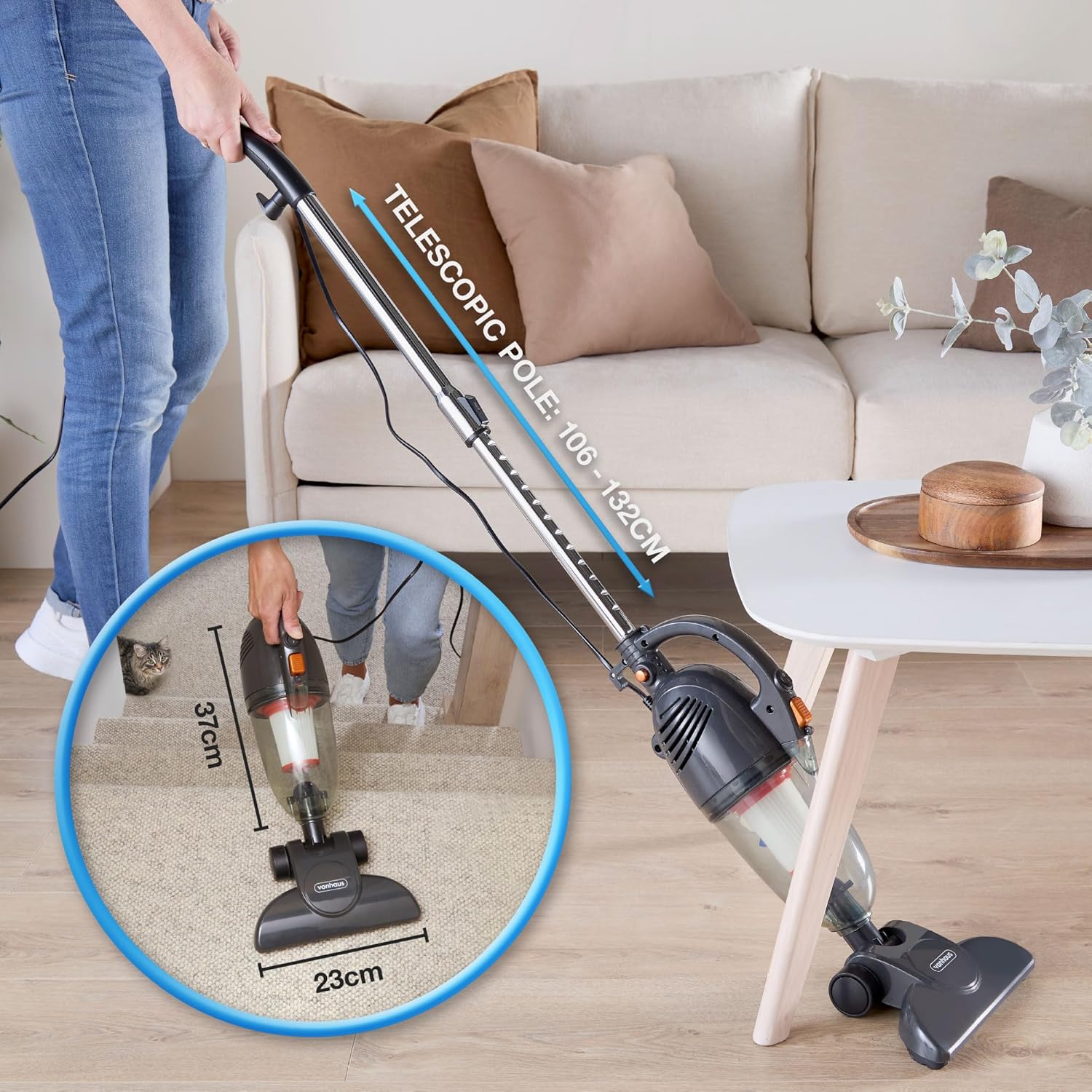 VonHaus 2-in-1 Stick Vacuum Cleaner 800W | 17000Pa Powerful Suction | Lightweight Upright & Handheld Vacuum with HEPA Filter, 1.3L Dust Tank & Accessories – Grey
