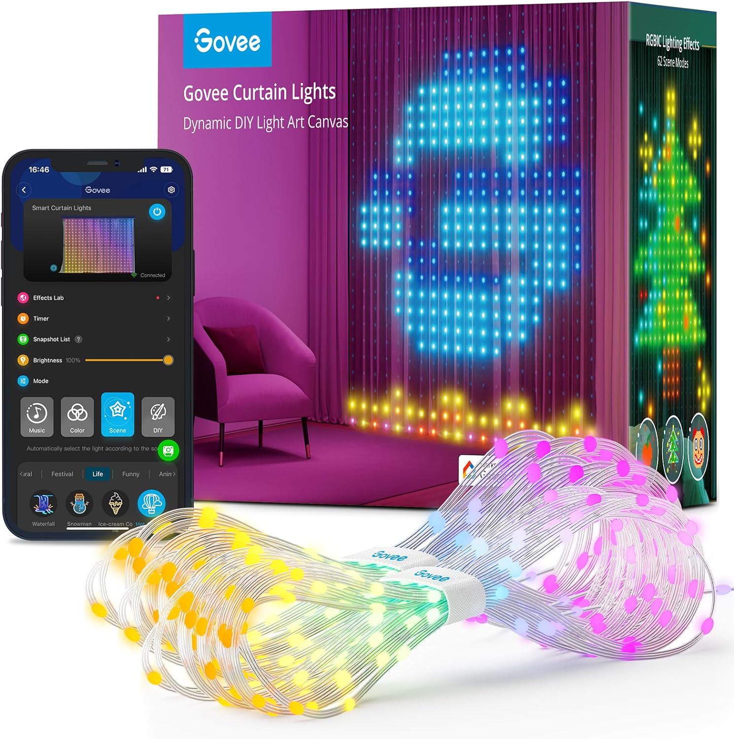 Curtain Lights, 520 RGBIC LEDs, Smart WiFi RGB LED String Lights, IP65 Waterproof, Color-Changing Backdrop Lights for Bedroom (1.5×2m)