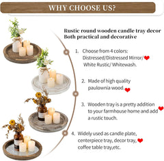 Hanobe Wooden Candle Holder Tray – Rustic Round Decorative Plate for Tealights & Pillars