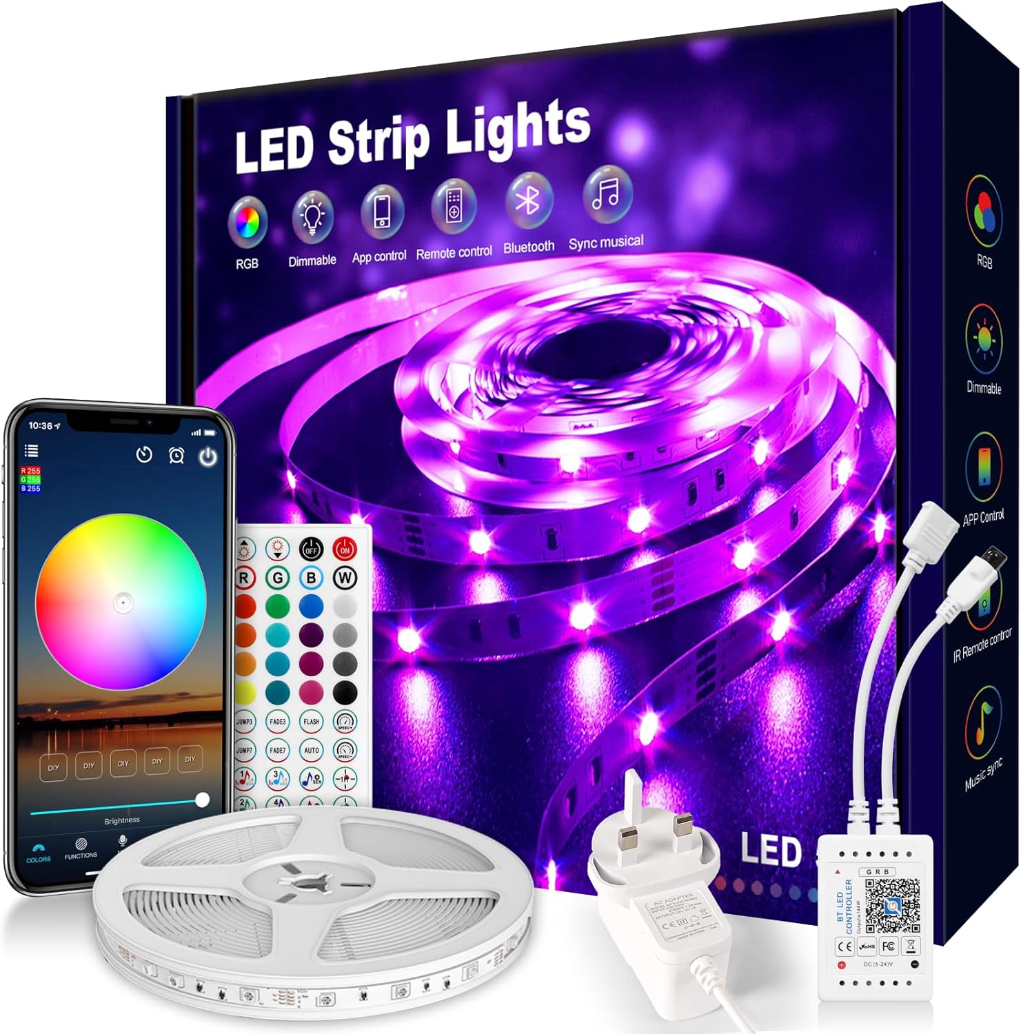 LED Strip Light 5m, RGB Music Sync Colour Changing LED Lights for Bedroom, Smart Ambient Lights with Bluetooth App & Remote Control, Flexible Design for Gaming, Ceiling, and Home Decoration