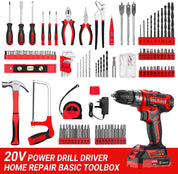 Cordless Drill Tool Kit Set: DEKO 20V Power Drill Tool Box with Battery Electric Drill Driver for Men Home Hand Repair Basic Toolbox Tools Sets Drills Case,186 Pieces(Red)