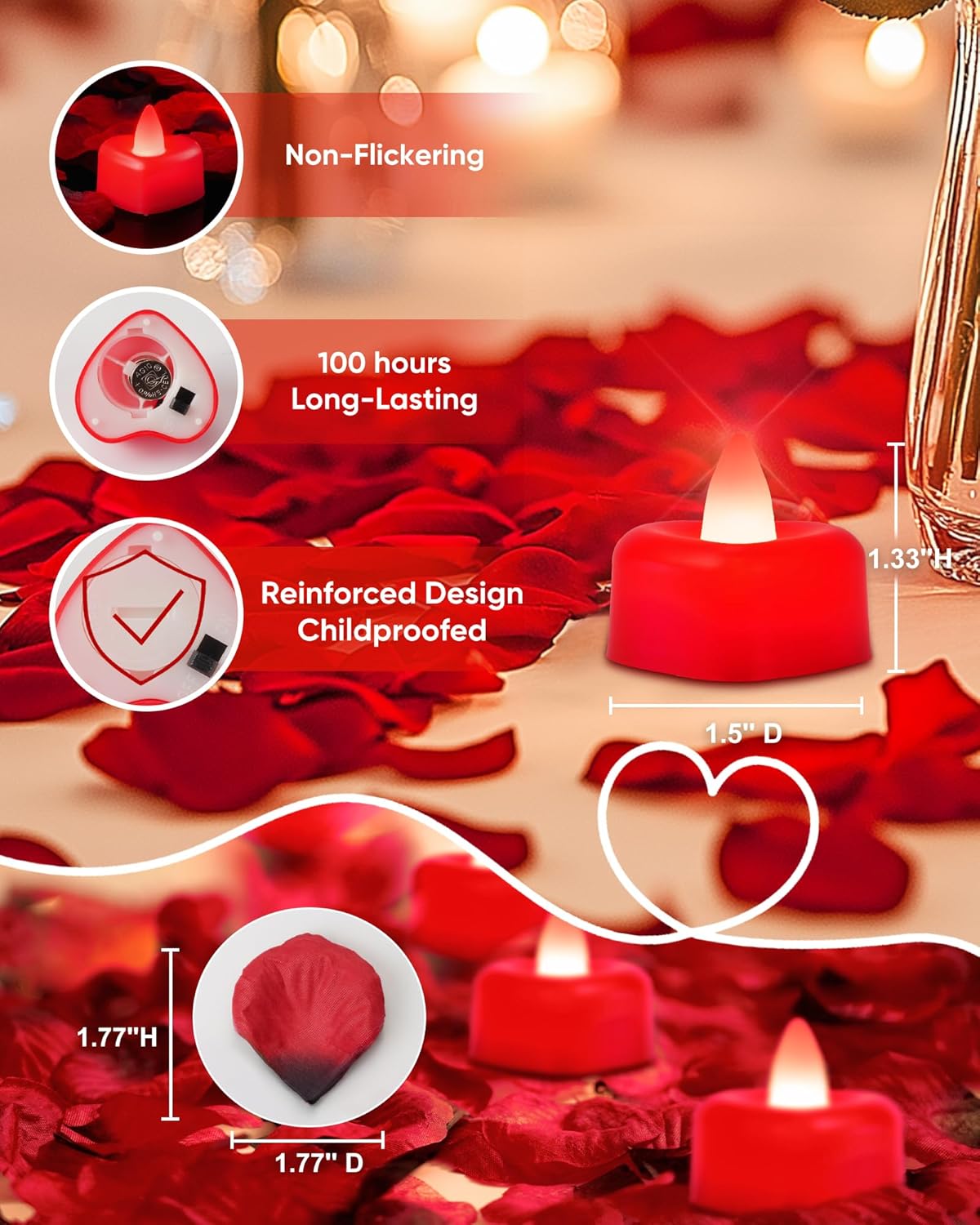Heart Love Battery Operated Flameless LED Tea Lights with Artificial Rose Petals – 12 Pack Romantic Decor