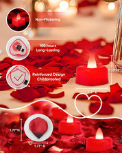 Heart Love Battery Operated Flameless LED Tea Lights with Artificial Rose Petals – 12 Pack Romantic Decor