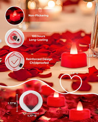 Heart Love Battery Operated Flameless LED Tea Lights with Artificial Rose Petals – 12 Pack Romantic Decor