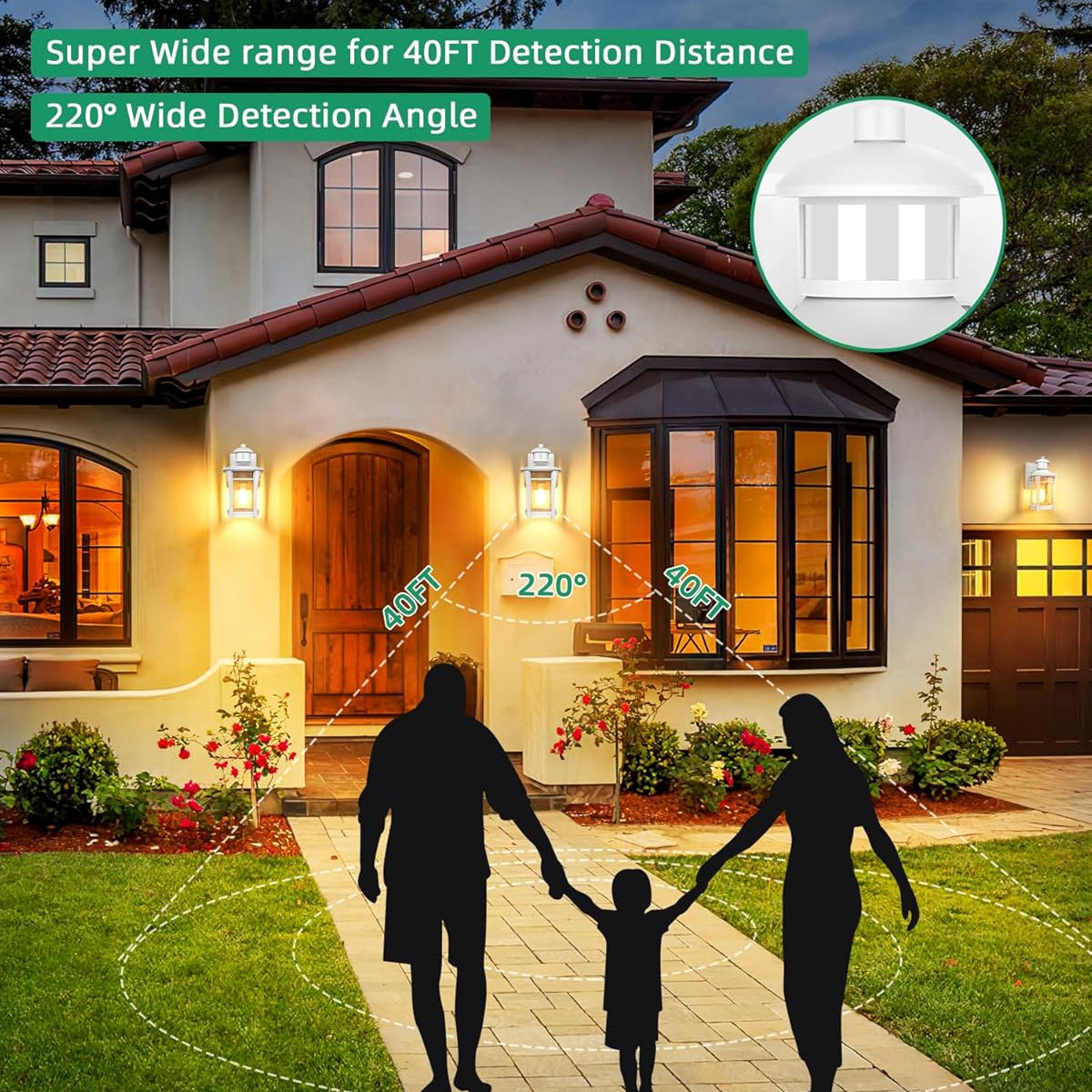 Advertisement for an Advanced PIR Motion Sensor with a house and family silhouette in front.