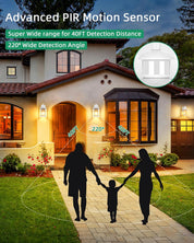 Advertisement for an Advanced PIR Motion Sensor with a house and family silhouette in front.