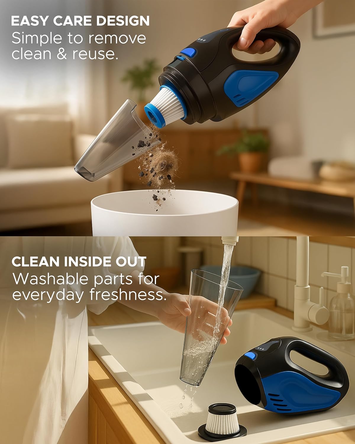 KEPLIN Black/Blue Cordless Handheld Vacuum Cleaner – Wet & Dry, 30-Min Runtime