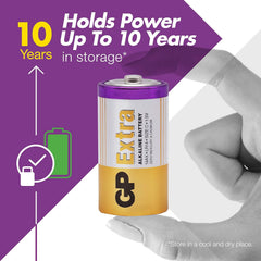 GP battery with text about storage duration on a purple and white background