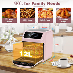 12L Air Fryer Oven with Rotisserie – 12 Presets, 1800W, 90-Min Timer, Oil-Free Cooking, 6 Accessories, Pink