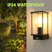 Outdoor wall light fixture with rain simulation on a garden background, labeled 'IP54 Waterproof'.