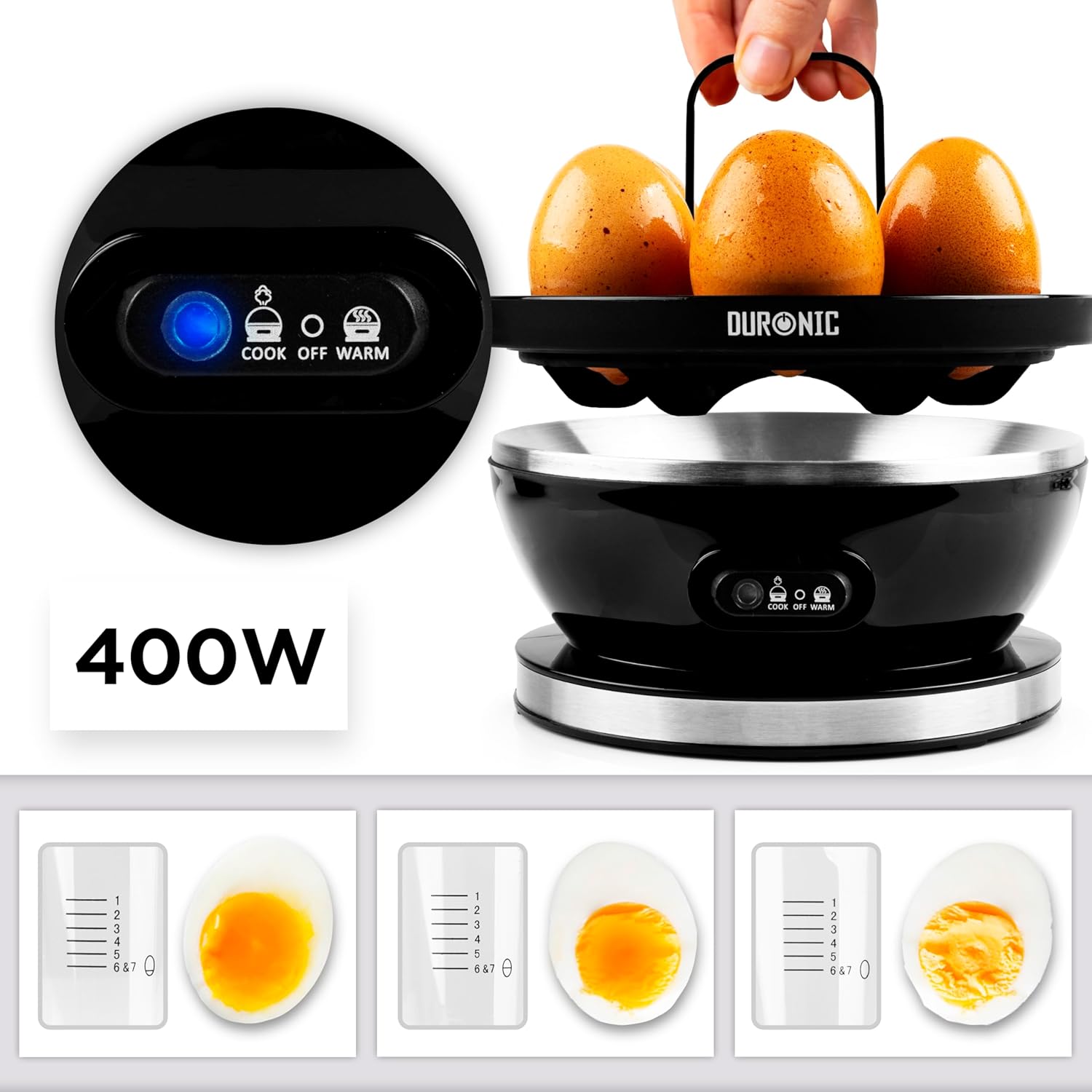 Electric Egg Boiler EB27 Black 400W 7-Egg Automatic Boiler & Poacher with Keep-Warm Function