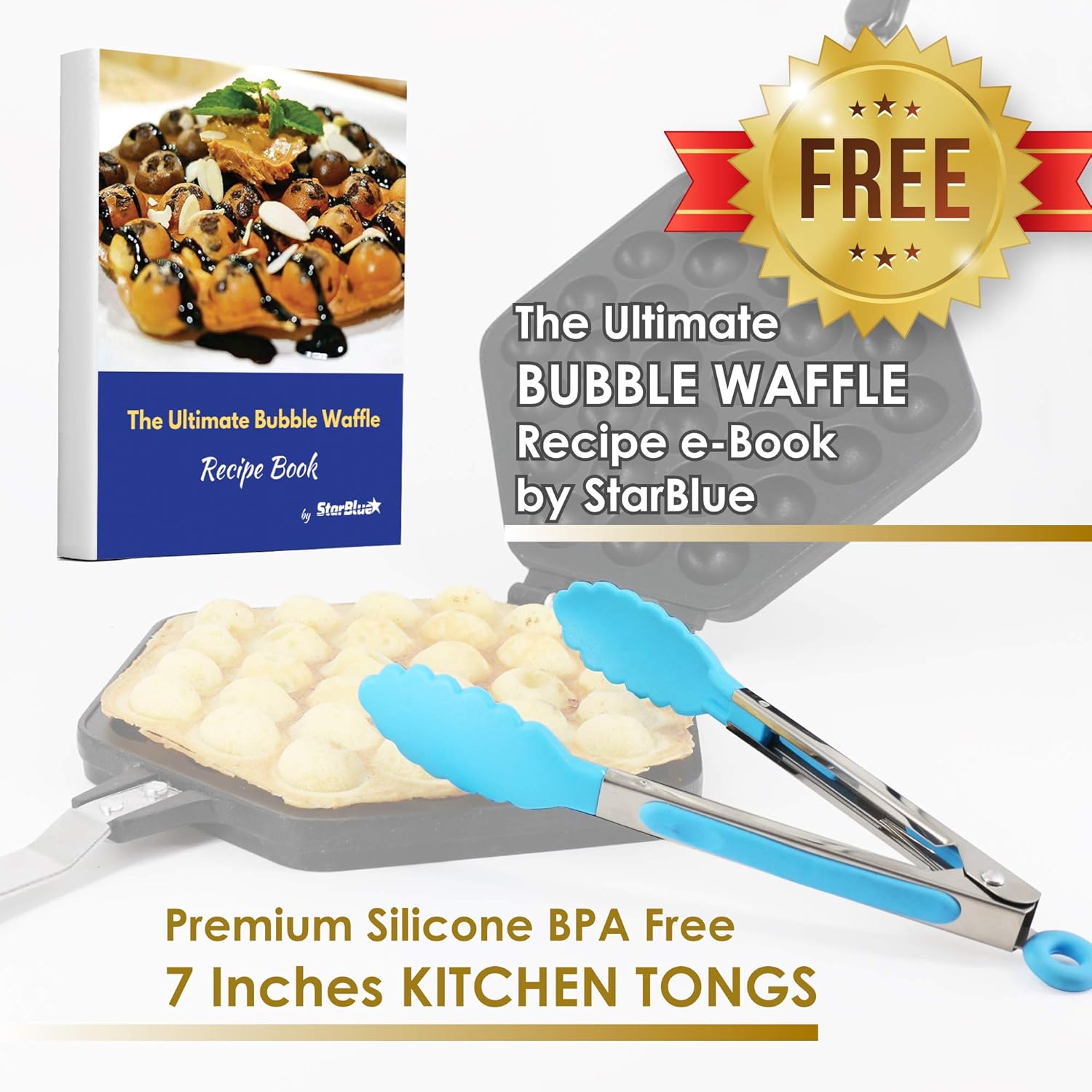 StarBlue Bubble Waffle Maker Pan – Nonstick Egg Waffle Pan with Heat-Resistant Handle, Includes Free Recipe Ebook & Tongs