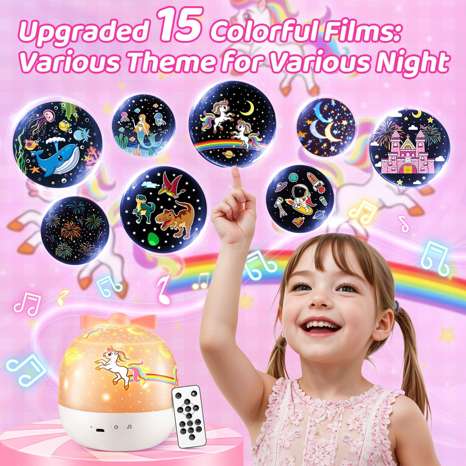 Kids Night Light Projector, 144 Lighting Modes + 15 Films, USB Rechargeable Baby Night Light with Remote, 360° Rotating Projector for Kids Bedroom