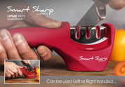 Smart Sharp 3-Stage Knife Sharpener – Professional Manual Kitchen Knife Sharpening Tool with Ceramic Stone, Tungsten Carbide, and Diamond Rods – Ergonomic Non-Slip Design, Red/Chrome Finish