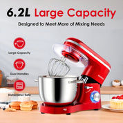 Stand Mixer 6.2L 1400W Tilt-Head Electric Food Mixer with Dough Hook, Whisk & Beater – 2-Layer Red Coating – Red