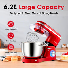 Stand Mixer 6.2L 1400W Tilt-Head Electric Food Mixer with Dough Hook, Whisk & Beater – 2-Layer Red Coating – Red