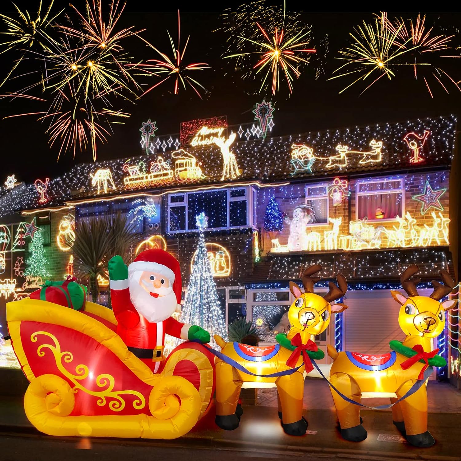 kalolary 8FT Inflatable Santa Sleigh with LED Lights – Christmas Outdoor Decoration
