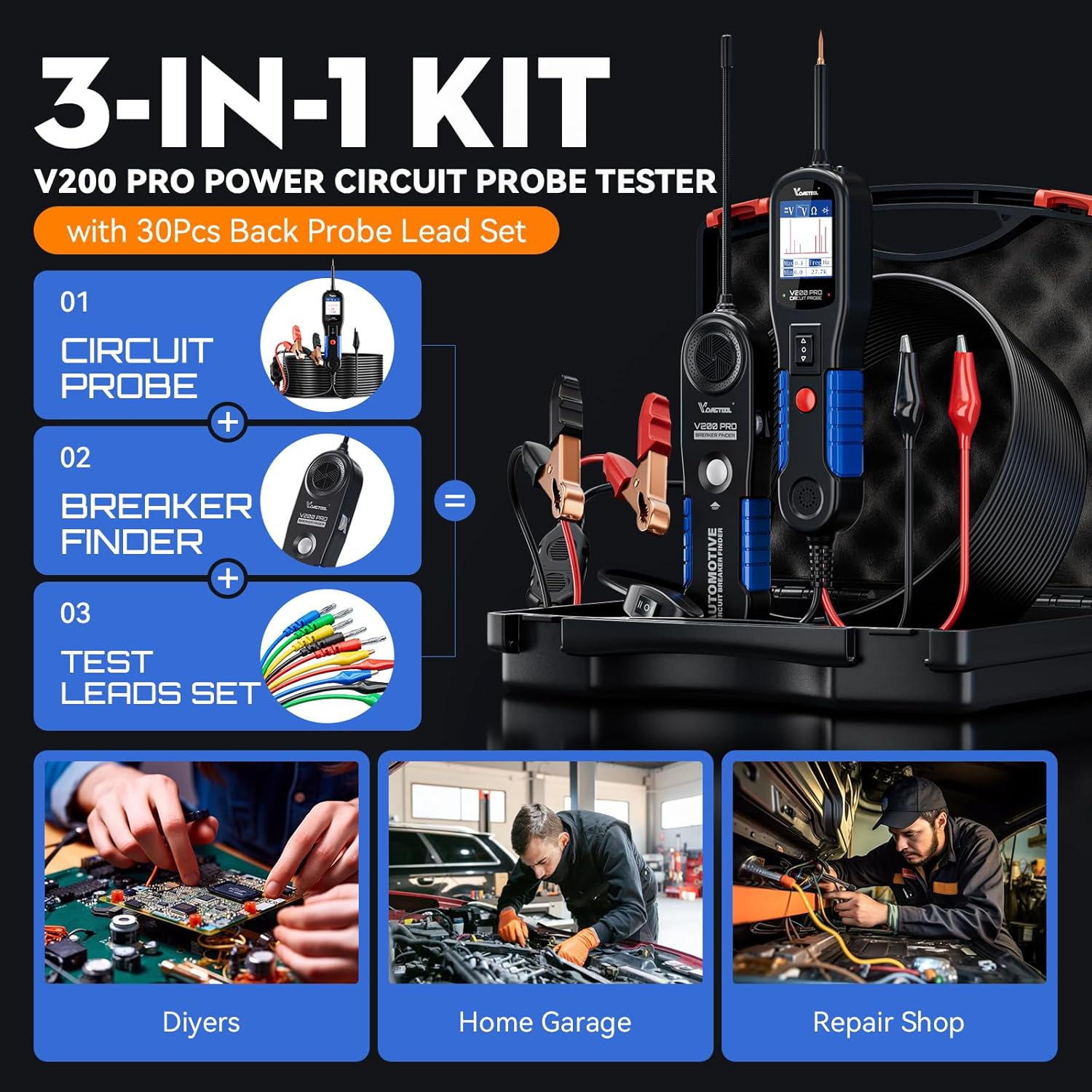 VDIAGTOOL V200 PRO Upgrade Kit Automotive Power Circuit Probe Tester with 30PCS Back Probe,12/24V Car Electric Open Short Circuit Break Finder,AC/DC Voltage Component Relay Fuse Test 40Ft Cable Tracer