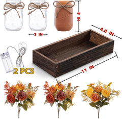 SUNNY BROOK 3PCS Fall Artificial Flowers in Mason Jars with Rustic Tray – Autumn Décor