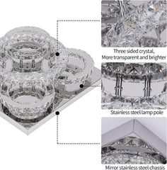 Modern Crystal LED Chandelier, 5-Ring Square Flush Mount Ceiling Light