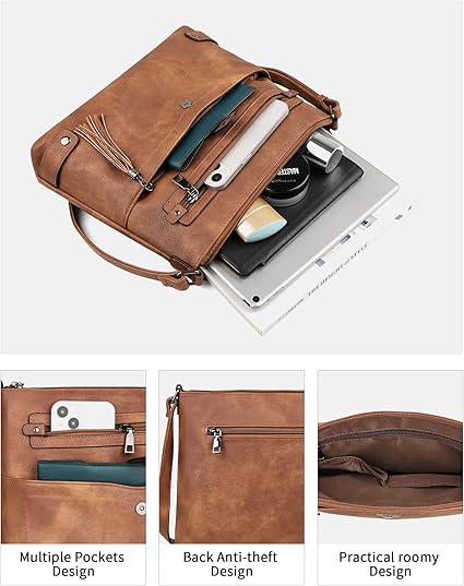 Large Crossbody Bag for Women – Designer Leather Shoulder Purse with Multi Pockets