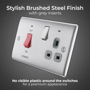 BG Electrical Cooker Switch with Socket and LED, Cooker Control Unit, Control Socket, Double Pole, Raised Profile, Round Edges, Nexus Metal, Brushed Steel, Grey Inserts, 45A, NBS70G