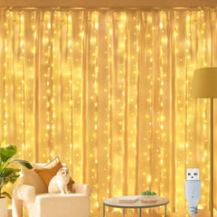 Ollny Curtain Lights Indoor - 300 LEDs, 3m x 3m Fairy Lights, USB Powered | Waterproof Warm White String Light with 8 Modes, Timer, and Remote for Bedroom, Wall, House, and Garden Decorations