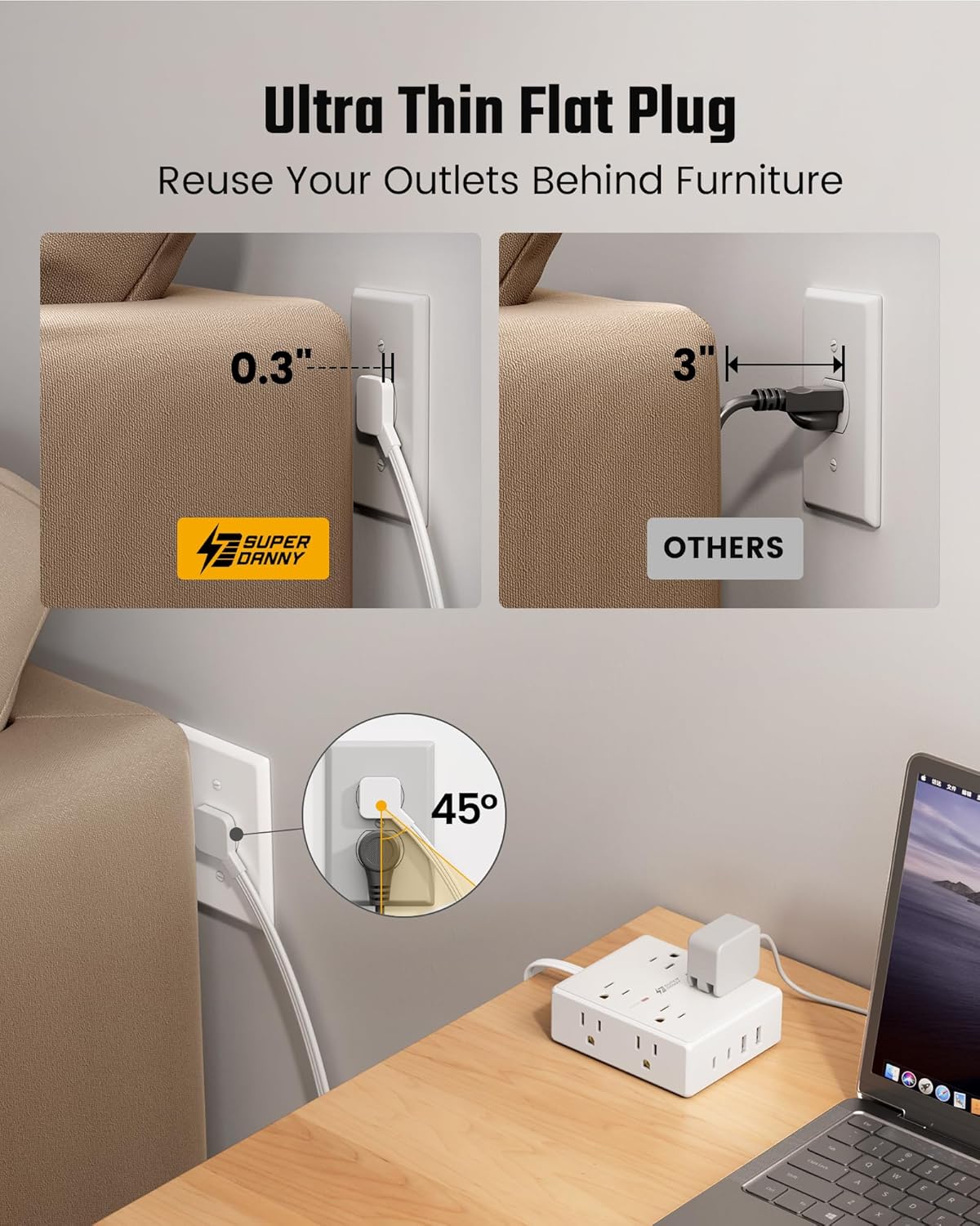 10Ft Extension Cord Surge Protector Power Strip – 8 Outlets & 4 USB (2 USB-C) for Home, Office