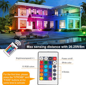 RGB color-changing house exterior with pool and remote control, featuring text on sensing distance and remote features.