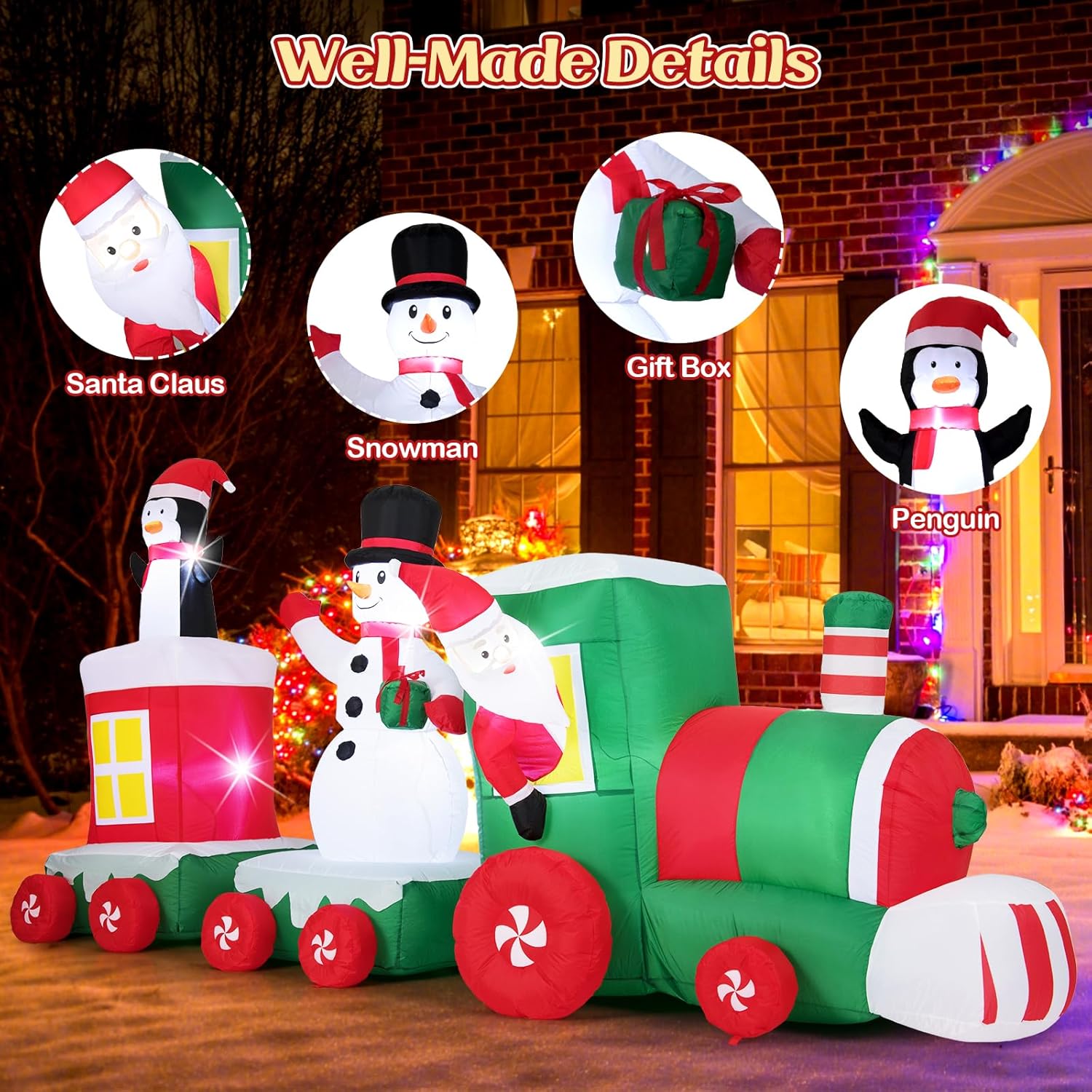 COSTWAY Inflatable Christmas Santa Claus on Red & Green Train – Built-in LED Lights, Self-Inflating Blow Up Xmas Decoration for Indoor Outdoor