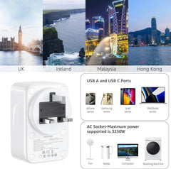 Multi Plug Socket Adapter with 35W PD USB-C Fast Charge, 2 USB-A & 2 USB-C Ports