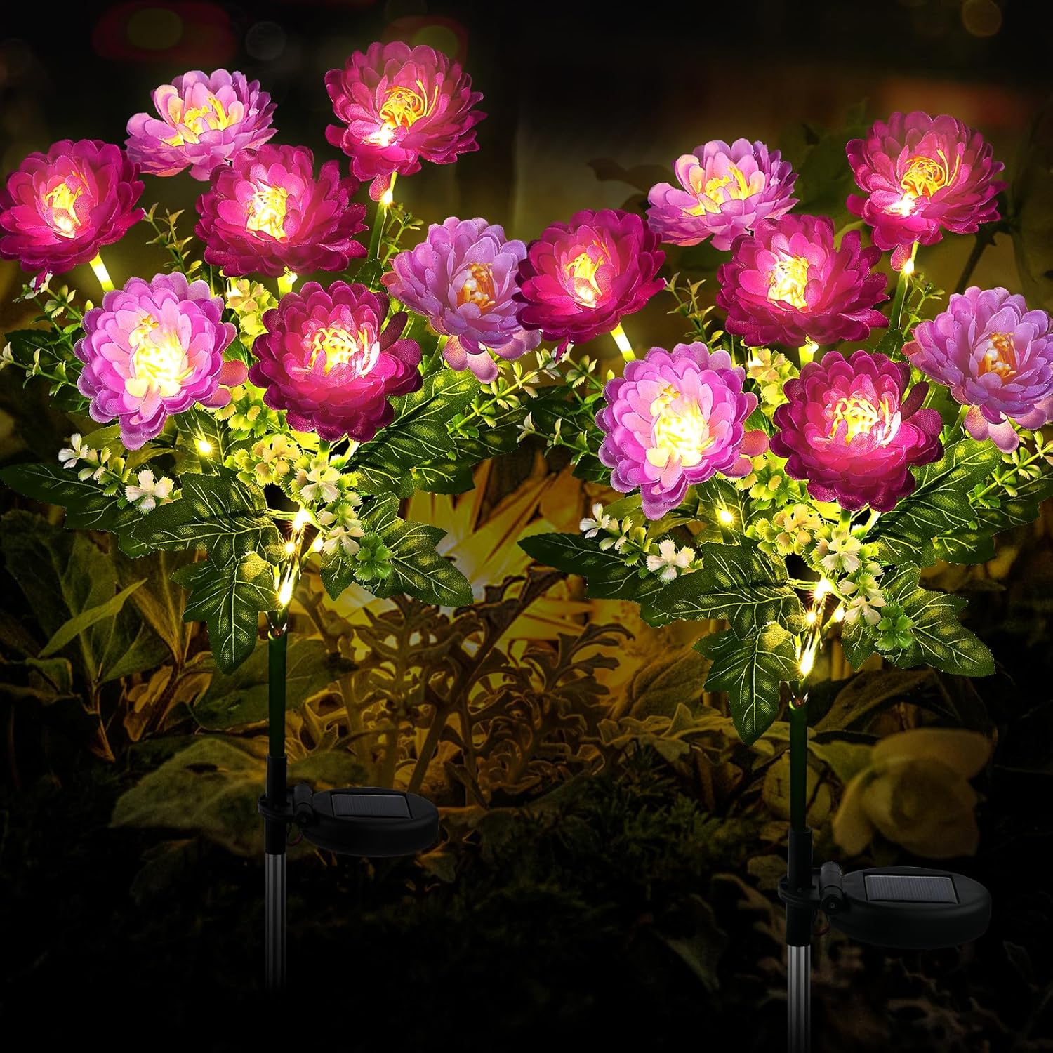 FWLWTWSS Solar Garden Lights - 2 Pack Snow Lotus Design, Purple Waterproof Outdoor Lights with 7 Blooming Flowers