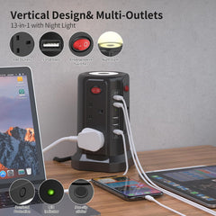 Tower Extension Lead 8-Way with 5 USB Ports & Night Light, Surge Protected Power Strip 1.8M