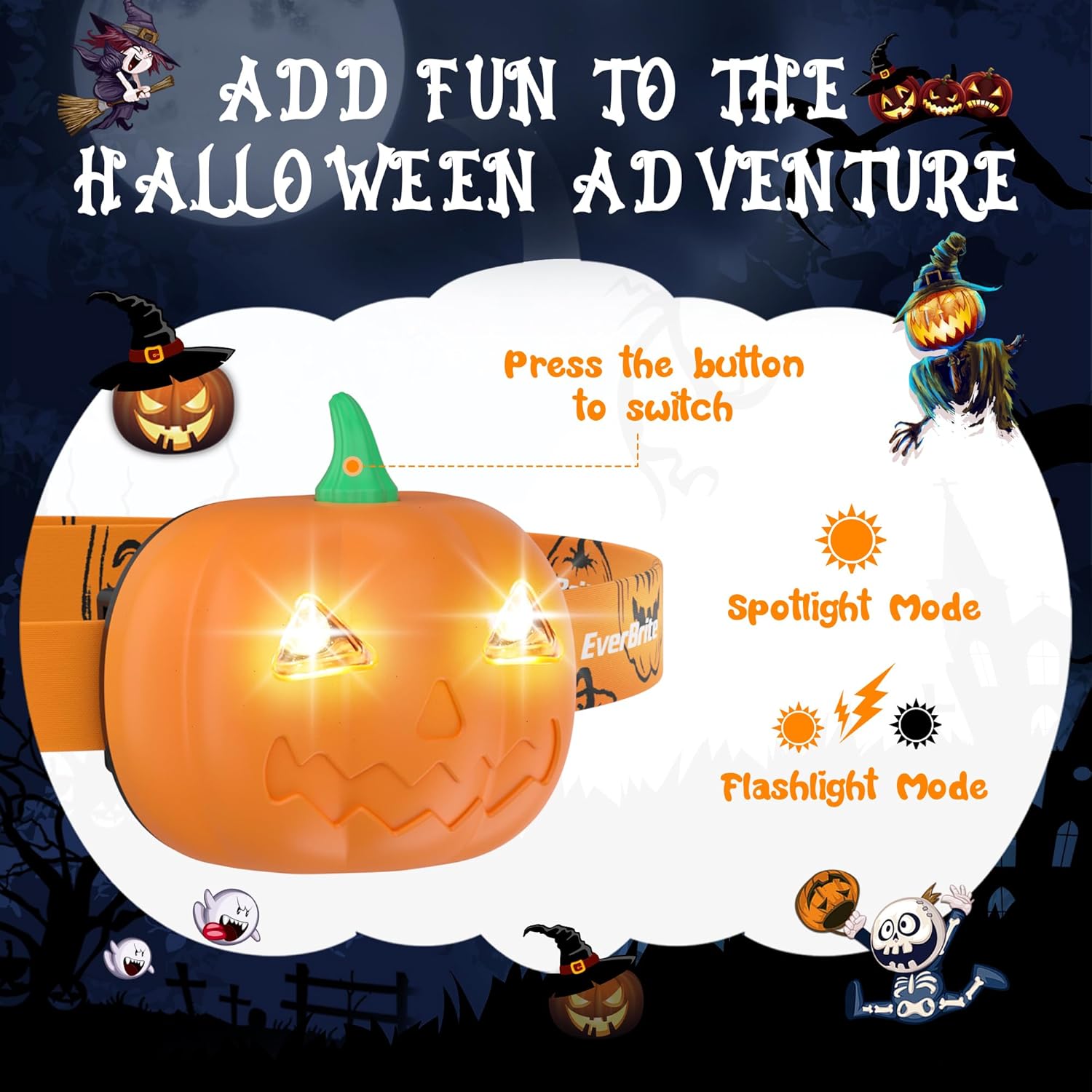 2 Pack Pumpkin Head Torches Halloween Headlamp with 2 Lighting Modes
