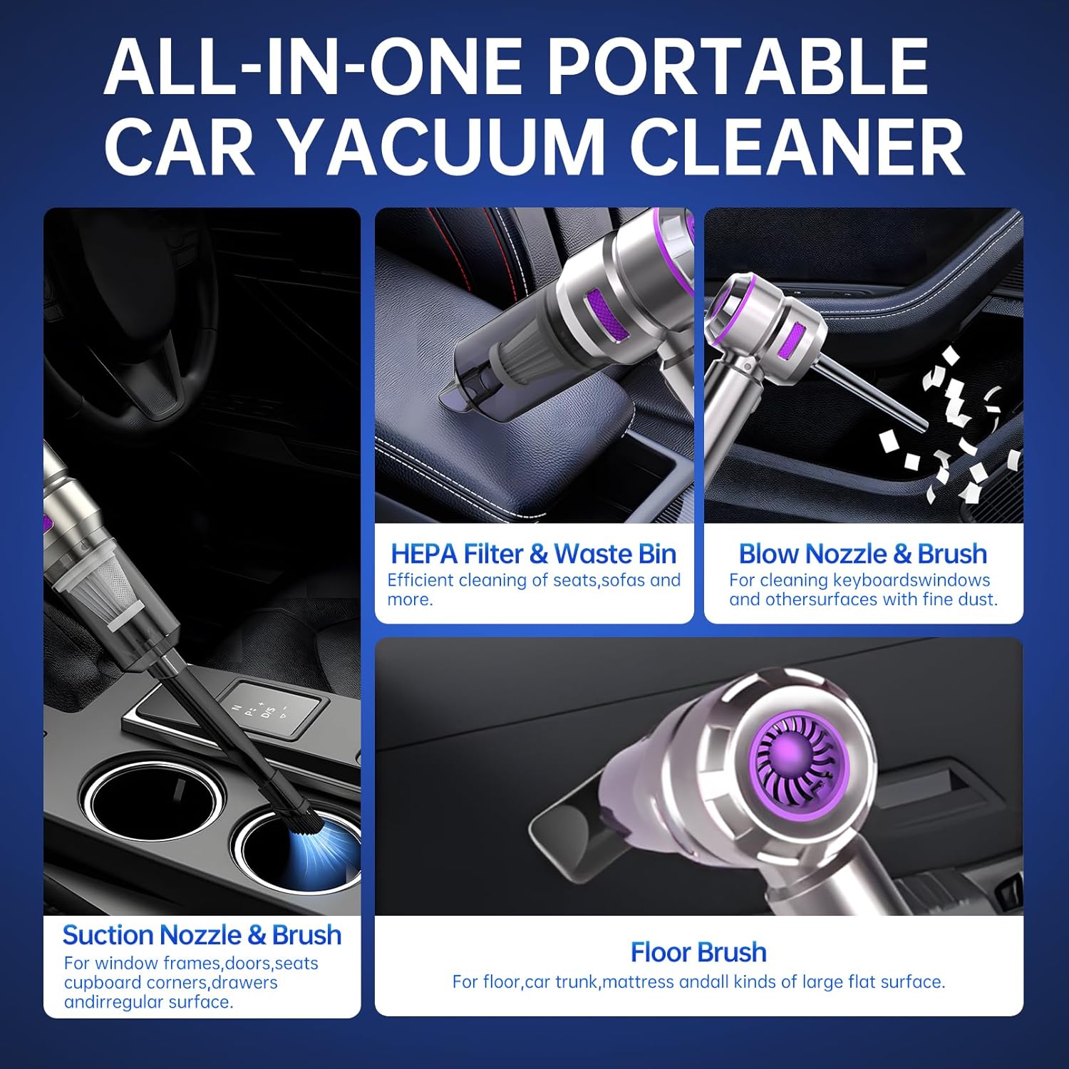 Handheld Mini Vacuum 4-in-1 Cordless Car Cleaner Silver Purple