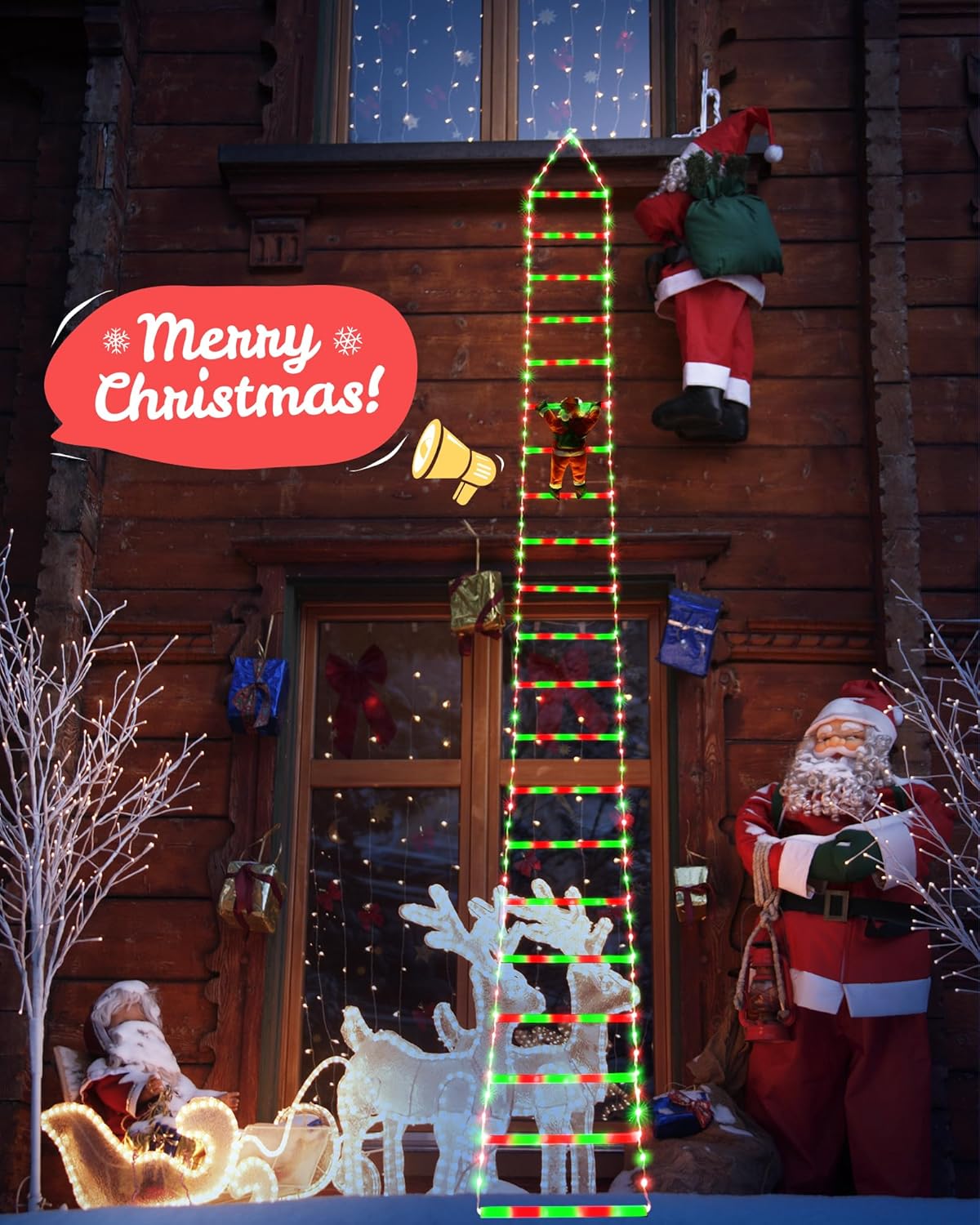 Christmas Ladder Lights 9.9Ft Santa Climbing 338 LED Red & Green Outdoor Decor