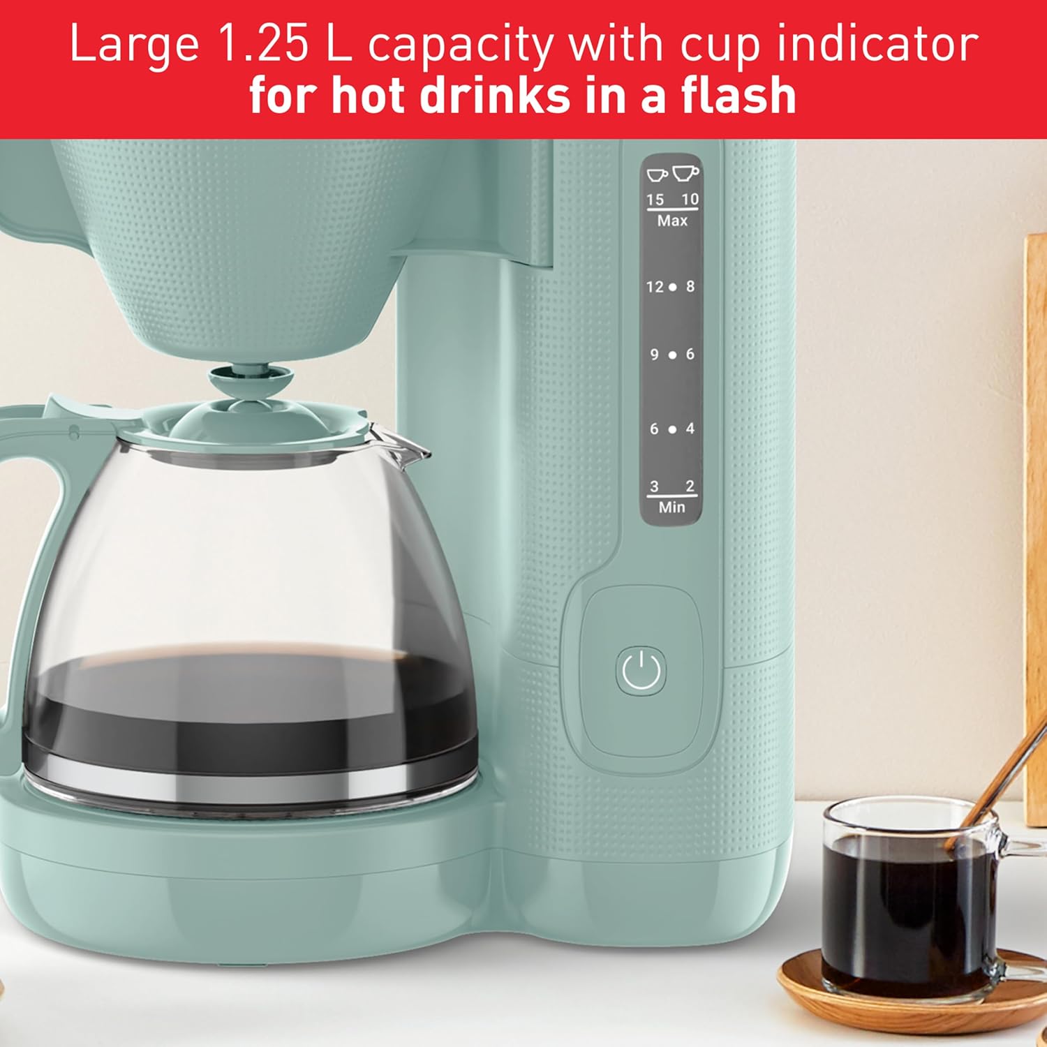 Tefal Morning Filter Coffee Maker 1.25L, 1000W – Reusable Filter, Drip-Stop System, Keep Warm Function, Easy Fill Water Tank