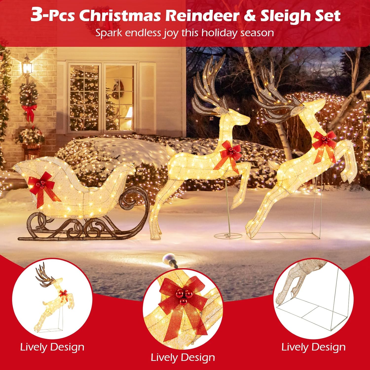 COSTWAY Light Up Reindeer Sleigh with 280 Warm White LED Lights – Outdoor Christmas Decoration
