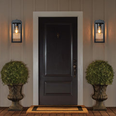 Dark wooden door with wall lights and decorative plants on a wooden deck.