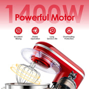 Stand Mixer 6.2L 1400W Tilt-Head Electric Food Mixer with Dough Hook, Whisk & Beater – 2-Layer Red Coating – Red