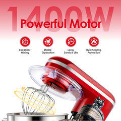 Stand Mixer 6.2L 1400W Tilt-Head Electric Food Mixer with Dough Hook, Whisk & Beater – 2-Layer Red Coating – Red