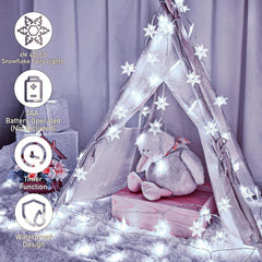Children's teepee with snowflake fairy lights and a stuffed elephant toy on a soft purple background.