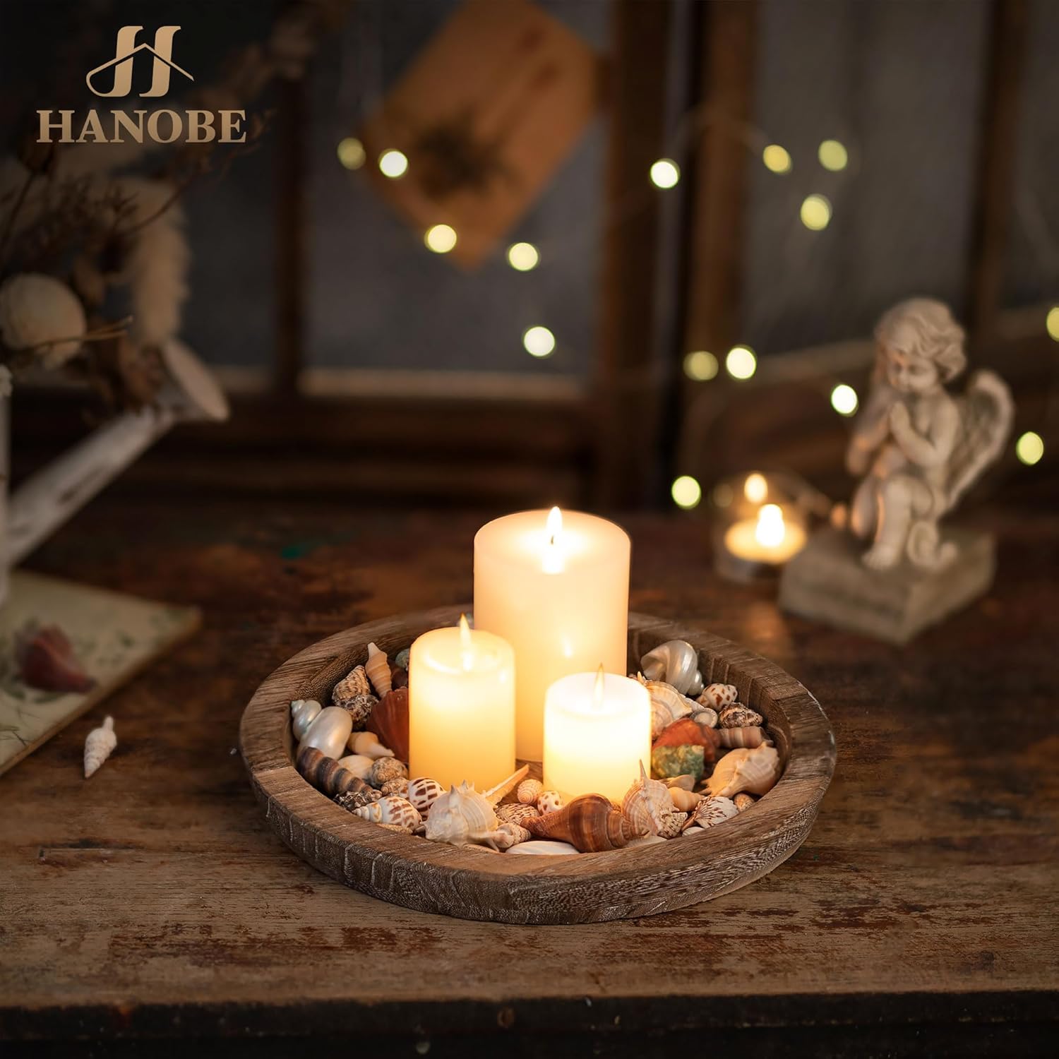 Hanobe Wooden Candle Holder Tray – Rustic Round Decorative Plate for Tealights & Pillars