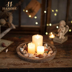 Hanobe Wooden Candle Holder Tray – Rustic Round Decorative Plate for Tealights & Pillars