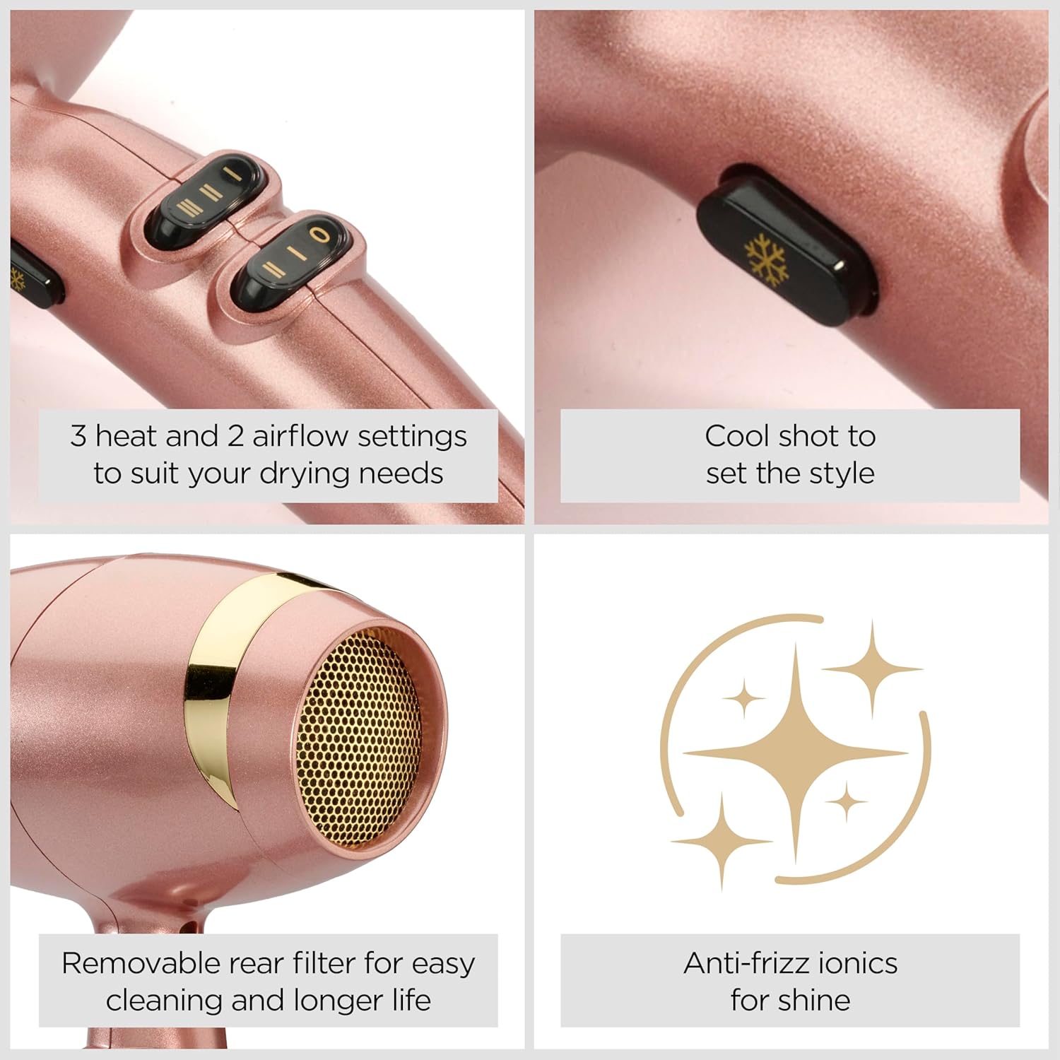 Rose Gold 2100W Professional Ionic Hair Dryer – Fast Drying, 3 Heat & 2 Speed Settings