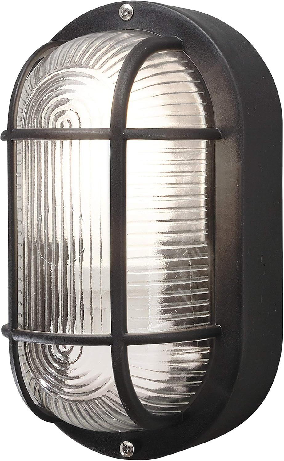 7650-750 Elmas Bulk Head Outdoor Wall Light Mains Powered / W: 12cm D: 10.5cm H: 20cm / 1 x 40 W E27 Max Wall Lamp / Clear Ribbed Glass / Plastic / IP44 / Outside Light Black