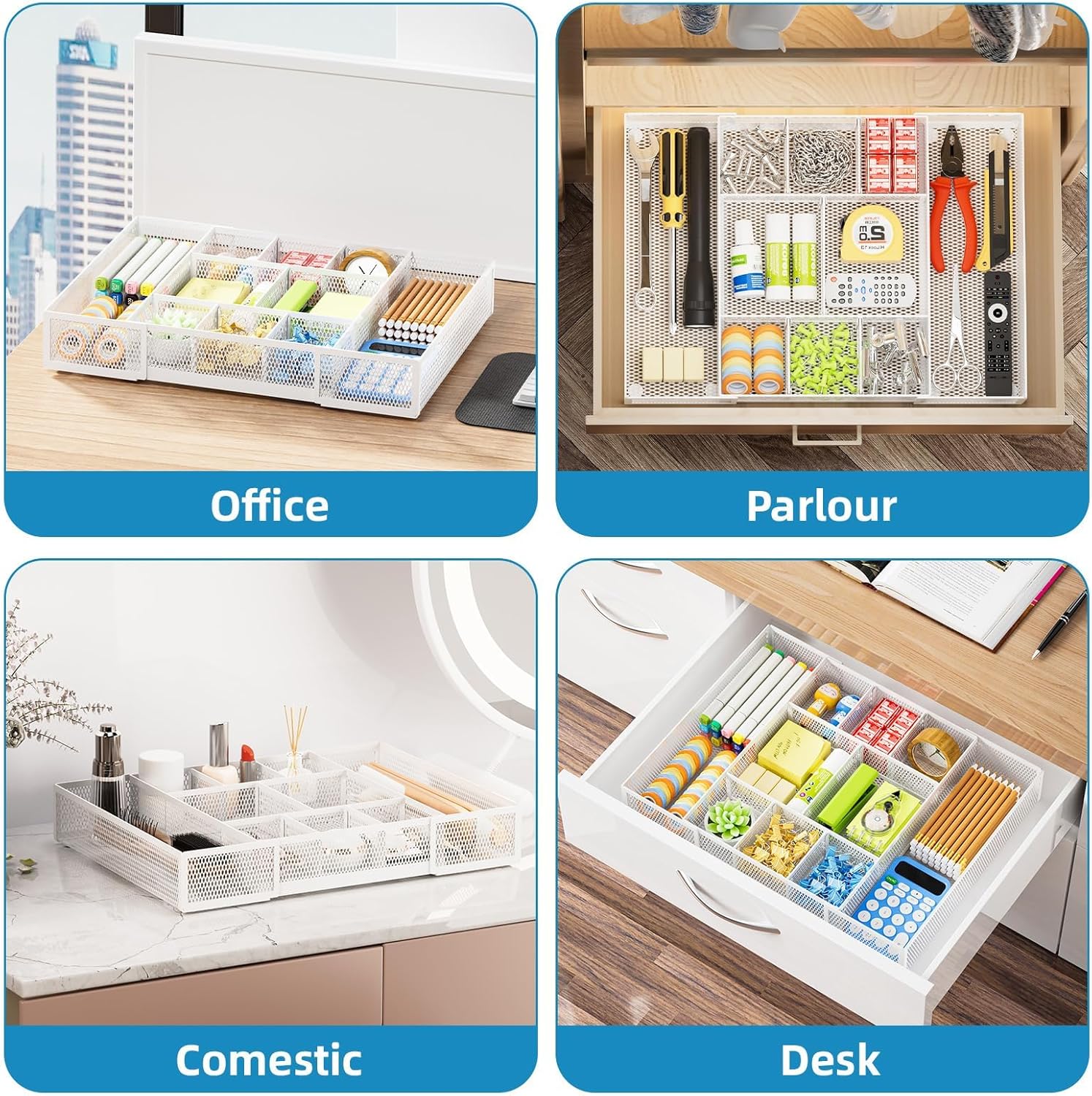 Desk Organiser with 10 Adjustable Mesh Tray Compartments – 5-Divider Drawer for Office & Home